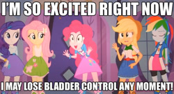 Size: 631x344 | Tagged: safe, derpibooru import, applejack, fluttershy, pinkie pie, rainbow dash, rarity, equestria girls, caption, exploitable meme, image macro, mane six, meme, need to pee, pinkie has a crazy idea, potty time