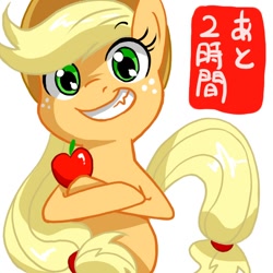 Size: 566x566 | Tagged: safe, artist:itimu, applejack, earth pony, pony, apple, bipedal, food, japanese, pixiv, simple background, smiling, solo