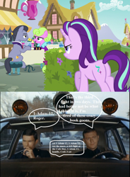 Size: 1022x1388 | Tagged: safe, edit, edited screencap, screencap, daisy, diamond cutter, flower wishes, lavender bloom, starlight glimmer, pony, fame and misfortune, adam-12, cafe, cropped, fight, jack webb, officer malloy, officer reed, police car, policemen, radio voice, speech bubble, this will end in tears