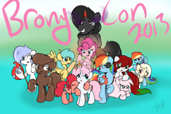 Size: 3000x2000 | Tagged: safe, artist:lightningnickel, king sombra, pinkie pie, sunshower raindrops, oc, oc:fluffle puff, oc:frigid drift, oc:palette swap, chocolate pony, food pony, original species, pony, bronycon, bronycon 2013, doxy, food, hotblooded pinkie pie, pet-dash, pirate dash, ponified, tired pie, tumblr