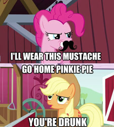 Size: 500x555 | Tagged: safe, applejack, pinkie pie, earth pony, pony, spike at your service, image macro, moustache