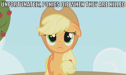 Size: 778x467 | Tagged: safe, screencap, applejack, earth pony, pony, captain obvious, fate/stay night, floppy ears, frown, image macro, looking at you, meme, people die when they are killed, sad, shaped like itself, solo, unhapplejack, you don't say