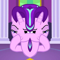 Size: 600x600 | Tagged: safe, edit, edited screencap, screencap, starlight glimmer, pony, unicorn, boop, exploitable meme, glimmerposting, lidded eyes, meme, not salmon, self-boop, smiling, smug, solo, unitinu, wat