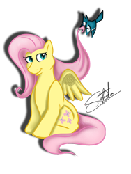 Size: 960x1280 | Tagged: safe, artist:silnat, fluttershy, bird, blue jay, pegasus, pony, cute, fix, hair, mouth hold, sitting, smiling, solo