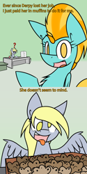 Size: 1280x2559 | Tagged: safe, artist:askincompetentlightningdust, artist:ralek, derpy hooves, lightning dust, pegasus, pony, desk, dialogue, female, mare, muffin, paper, question mark, tongue out, tumblr