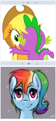 Size: 256x545 | Tagged: safe, derpibooru import, applejack, rainbow dash, spike, dragon, earth pony, pegasus, pony, derpibooru, exploitable meme, juxtaposition, juxtaposition win, meme, meta