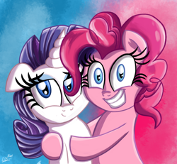 Size: 900x830 | Tagged: safe, artist:daniel-sg, pinkie pie, rarity, earth pony, pony, unicorn, bust, floppy ears, hug, looking at you, signature, smiling