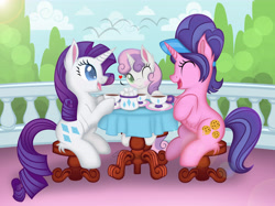 Size: 6151x4609 | Tagged: safe, artist:auveiss, cookie crumbles, rarity, sweetie belle, pony, unicorn, absurd resolution, cup, cute, fluffy, heart, sitting, table, tea, tea party