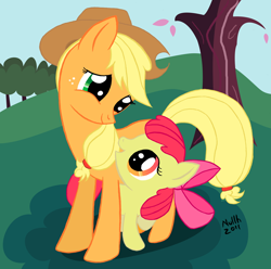 Size: 1000x991 | Tagged: safe, artist:nullh, apple bloom, applejack, earth pony, pony, blonde hair, female, filly, mare, orange coat, red mane, sisters