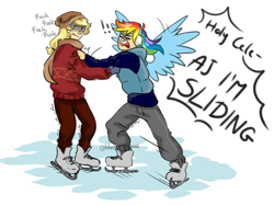 Size: 1024x768 | Tagged: safe, artist:blueberry-ghost, derpibooru import, applejack, rainbow dash, human, humanized, ice skates, ice skating, skates, skating, swearing, vulgar