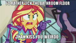 Size: 800x450 | Tagged: safe, edit, edited screencap, screencap, sci-twi, sunset shimmer, twilight sparkle, equestria girls, caption, exploitable meme, image macro, lincoln loud, meme, ronnie anne santiago, sunset yells at twilight, the loud house