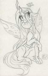 Size: 2222x3500 | Tagged: safe, artist:airfly-pony, queen chrysalis, changeling, changeling queen, cute, cutealis, heart, sitting, solo, traditional art