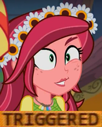 Size: 399x499 | Tagged: safe, edit, edited screencap, screencap, gloriosa daisy, sunset shimmer, equestria girls, legend of everfree, faic, female, flower, freckles, headband, jewelry, magical geodes, meme, necklace, solo, triggered, twitching