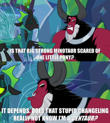 Size: 1458x1636 | Tagged: safe, edit, edited screencap, screencap, lord tirek, queen chrysalis, centaur, changeling, changeling queen, the ending of the end, angry, beard, caption, crown, eyes closed, facial hair, female, flying, horns, image macro, impact font, jewelry, meme, nose piercing, nose ring, piercing, pouting, regalia, shackles, text, ultimate chrysalis, wings