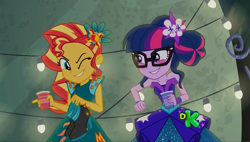 Size: 1920x1090 | Tagged: safe, screencap, sci-twi, sunset shimmer, twilight sparkle, equestria girls, legend of everfree, alternate hairstyle, blushing, clothes, discovery kids, dress, gala dress, grin, high heels, shoes, smiling