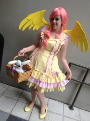 Size: 1280x1707 | Tagged: safe, artist:ayeavast, angel bunny, fluttershy, human, basket, cosplay, irl, irl human, photo, plushie, solo