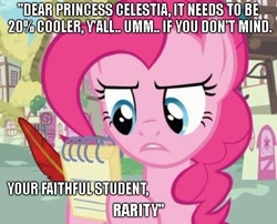 Size: 480x387 | Tagged: safe, pinkie pie, earth pony, pony, babylon galactica, image macro, notepad, quill, solo, troll quote