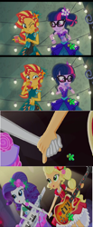 Size: 790x1911 | Tagged: safe, edit, edited screencap, screencap, applejack, rarity, sci-twi, sunset shimmer, twilight sparkle, equestria girls, legend of everfree, alternate costumes, alternate hairstyle, blushing, discovery kids, forced meme, holding hands, meme, shipping fuel, the rainbooms