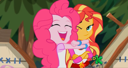 Size: 1356x729 | Tagged: safe, screencap, pinkie pie, sunset shimmer, equestria girls, legend of everfree, cute, discovery kids, hug, shimmerbetes, smug