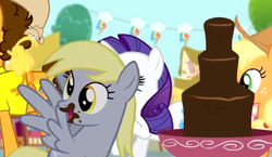 Size: 460x267 | Tagged: safe, screencap, applejack, cheese sandwich, derpy hooves, rarity, earth pony, pegasus, pony, unicorn, pinkie pride, chocolate fountain, female, mare