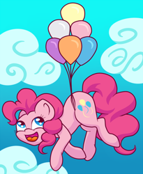 Size: 600x733 | Tagged: safe, artist:becka, pinkie pie, earth pony, pony, awesome face, balloon, happy, smiling, solo, then watch her balloons lift her up to the sky