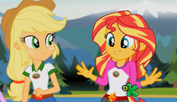 Size: 1253x727 | Tagged: safe, screencap, applejack, sunset shimmer, equestria girls, legend of everfree, cute, discovery kids, jazz hands, shimmerbetes