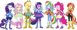 Size: 9000x3486 | Tagged: safe, alternate version, artist:limedazzle, derpibooru import, applejack, fluttershy, pinkie pie, rainbow dash, rarity, sunset shimmer, twilight sparkle, twilight sparkle (alicorn), alicorn, equestria girls, legend of everfree, absurd resolution, clothes, crystal guardian, holding hands, humane five, humane seven, humane six, ponied up, simple background, smiling, transparent background, visor