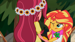 Size: 1366x768 | Tagged: safe, screencap, gloriosa daisy, sunset shimmer, equestria girls, legend of everfree, background human, discovery kids, faic