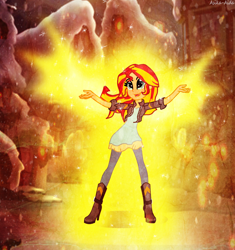 Size: 1720x1827 | Tagged: dead source, safe, artist:asika-aida, sunset shimmer, equestria girls, beautiful, cute, glow, happy, shimmerbetes, smiling, snow, solo, sunset phoenix, sunshine shimmer