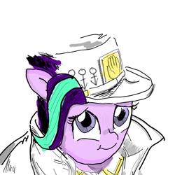 Size: 1024x1024 | Tagged: safe, artist:potatobug, derpibooru exclusive, starlight glimmer, pony, unicorn, cute, diamond is unbreakable, doodle, glimmerbetes, glimmerposting, hat, jojo's bizarre adventure, jotaro kujo, looking at you, simple background, solo, white background