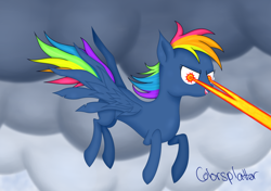 Size: 1066x750 | Tagged: safe, artist:colorsplatterpony, derpibooru import, evil pie hater dash, rainbow dash, pegasus, pony, secrets and pies, eye beams, fangs, female, flying, mare, solo