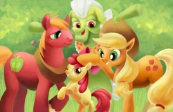 Size: 1000x647 | Tagged: safe, artist:amy30535, apple bloom, applejack, big macintosh, granny smith, earth pony, pony, adorabloom, apple family, apple siblings, cute, happy, male, one eye closed, stallion