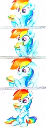 Size: 1224x3414 | Tagged: safe, artist:liaaqila, derpibooru import, rainbow dash, pegasus, pony, burger, commission, cute, dashabetes, eating, female, food, hay burger, liaaqila is trying to murder us, mare, multicolored hair, nom, simple background, smiling, solo, traditional art, weapons-grade cute