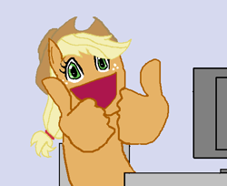 Size: 493x402 | Tagged: safe, applejack, earth pony, pony, awesome face, computer, hand, thumbs up, wat