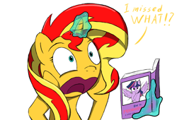 Size: 3258x2220 | Tagged: safe, artist:gorgeouspony, sunset shimmer, twilight sparkle, twilight sparkle (alicorn), alicorn, pony, book, magic, open mouth, solo, telekinesis, yelling