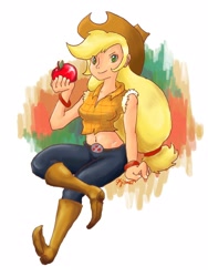 Size: 1200x1600 | Tagged: safe, artist:twitchykismet, applejack, apple, humanized, obligatory apple