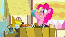 Size: 800x450 | Tagged: safe, screencap, pinkie pie, earth pony, pony, a friend in deed, animated, female, hoof hold, mare, ornament, shaking, solo, tongue out