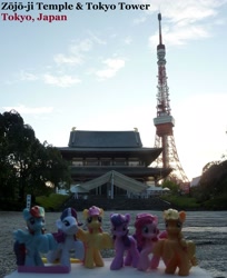 Size: 1514x1858 | Tagged: safe, artist:caliaponia, derpibooru import, applejack, fluttershy, pinkie pie, rainbow dash, rarity, twilight sparkle, irl, japan, photo, ponies around the world, temple, tokyo, tokyo tower, toy