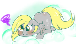 Size: 774x451 | Tagged: safe, artist:kiriya, derpy hooves, pegasus, pony, blushing, cloud, cloudy, dock, face down ass up, female, floppy ears, frown, heart, mare, solo