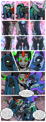 Size: 1500x3900 | Tagged: safe, artist:nancy-05, king sombra, nightmare moon, queen chrysalis, queen umbra, oc, oc:empress sacer malum, changeling, changeling queen, pony, umbrum, unicorn, comic:fusing the fusions, comic:time of the fusions, alicorn amulet, argument, blushing, chest, clothes, comic, commissioner:bigonionbean, confusion, cutie mark, dialogue, dungeon, ethereal mane, evil planning in progress, fangs, forced, fusion, fusion:empress sacer malum, heat, jewelry, magic, mare, necklace, panting, prison, regalia, rule 63, shocked, smiling, smirk, sombra eyes, spell, swelling, tartarus, wingless, writer:bigonionbean