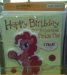 Size: 500x557 | Tagged: safe, pinkie pie, pony, bipedal, birthday, birthday card, card, hallmark, happy birthday, irl, lollipop, merchandise, photo, solo, speech bubble, text