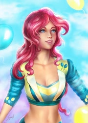 Size: 800x1111 | Tagged: safe, artist:indiron, pinkie pie, human, balloon, beautiful, belly button, big eyes, cloud, humanized, midriff, realistic, sky, solo