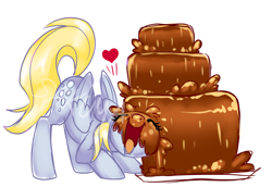 Size: 5390x3718 | Tagged: safe, artist:sakuyamon, derpy hooves, pegasus, pony, chocolate, chocolate fountain, cute, daaaaaaaaaaaw, derpabetes, drinking, eyes closed, female, food, fountain, happy, heart, hnnng, mare, open mouth, smiling, solo, watermark