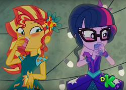 Size: 904x644 | Tagged: safe, screencap, sci-twi, sunset shimmer, twilight sparkle, equestria girls, legend of everfree, blushing, cropped, discovery kids, out of context