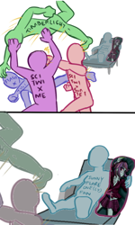 Size: 600x1000 | Tagged: safe, flash sentry, sci-twi, sunny flare, sunset shimmer, timber spruce, twilight sparkle, oc, oc:anon, equestria girls, legend of everfree, body pillow, body writing, fight, hitting, shipping war