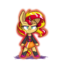 Size: 2400x2400 | Tagged: safe, artist:heir-of-rick, sunset shimmer, anthro, boots, chibi, clothes, cute, jacket, leather jacket, skirt, solo