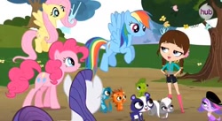 Size: 631x346 | Tagged: safe, derpibooru import, screencap, fluttershy, pinkie pie, rainbow dash, rarity, dog, gecko, hedgehog, human, panda, skunk, blythe baxter, crossover, hub logo, lidded eyes, littlest pet shop, mongoose, penny ling, pepper clark, russell ferguson, sunil nevla, vinnie terrio, zoe trent