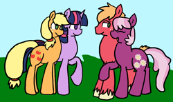 Size: 802x476 | Tagged: safe, artist:raincupcake, applejack, big macintosh, cheerilee, twilight sparkle, earth pony, pony, cheerimac, double date, female, lesbian, lesbian in front of boys, male, shipping, straight, twijack