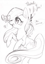 Size: 816x1147 | Tagged: safe, artist:mi-eau, fluttershy, butterfly, pegasus, pony, monochrome, solo, traditional art