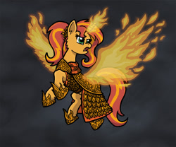 Size: 1200x998 | Tagged: safe, artist:sensko, sunset shimmer, phoenix, pony, equestria girls, armor, beautiful, clothes, fiery shimmer, fire, open mouth, solo, wings